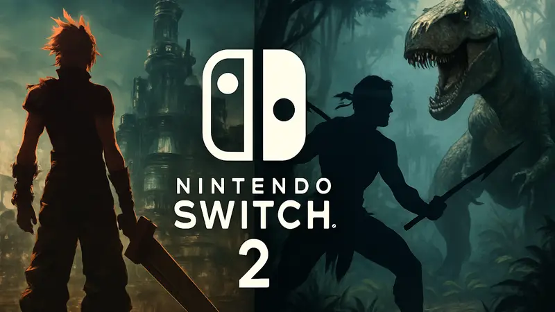 Логотип Nintendo Switch 2 на фоне кадров из игр Final Fantasy и Turok, демонстрирующий сторонние релизы консоли.