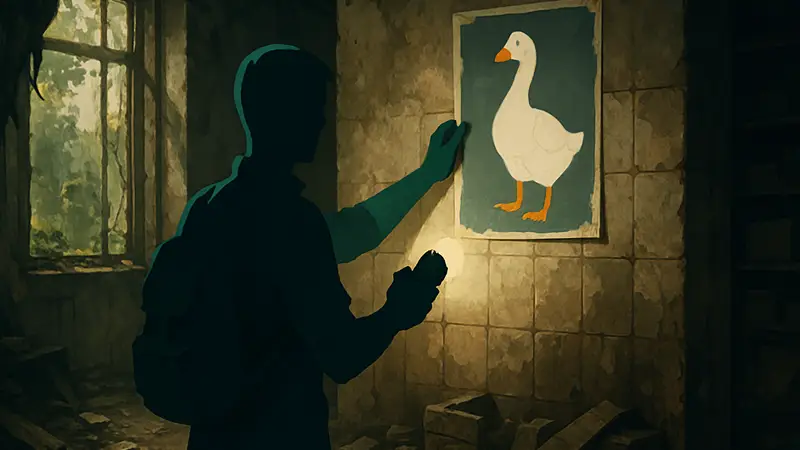 Игрок REANIMAL находит постер в одной из локаций, собирая коллекционные предметы для трофея «Настоящий гусь»