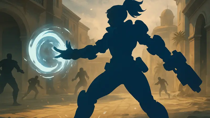 Изображение нового героя Sierra из Overwatch 2, стоящей на поле боя, с эффектами способностей.