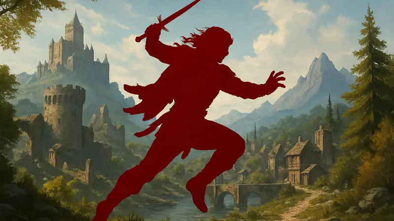 Игровой персонаж из Crimson Desert в динамичной позе на фоне фэнтезийного мира
