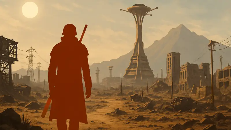 Обложка игры Fallout: New Vegas с Путешественником и постапокалиптическим пейзажем