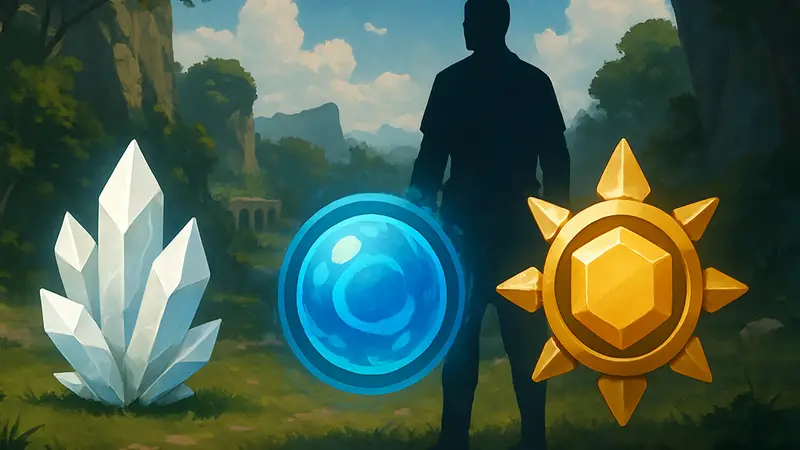 Иконки ресурсов и валют из игры Saros: Lucenite, Aether, Halcyon.
