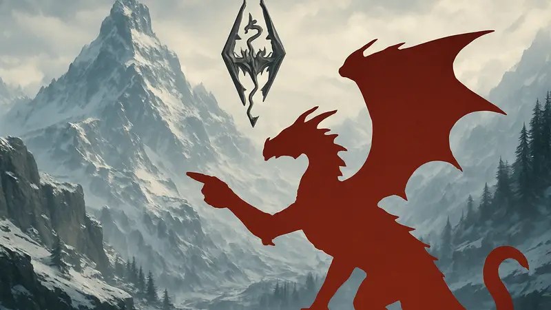 Логотип The Elder Scrolls 5 Skyrim на фоне заснеженных гор с драконом, возможно, указывающий на релиз для новой консоли Nintendo.