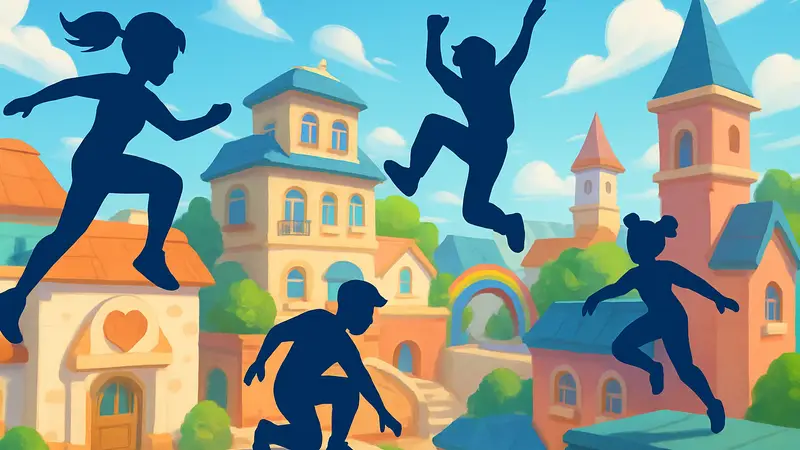 Персонажи Heartopia выполняют паркур на яркой локации