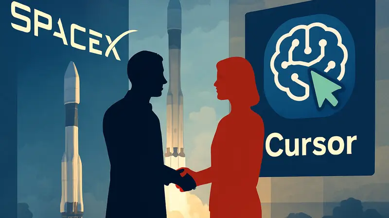 Логотип SpaceX и Cursor, иллюстрация потенциальной сделки в сфере ИИ.