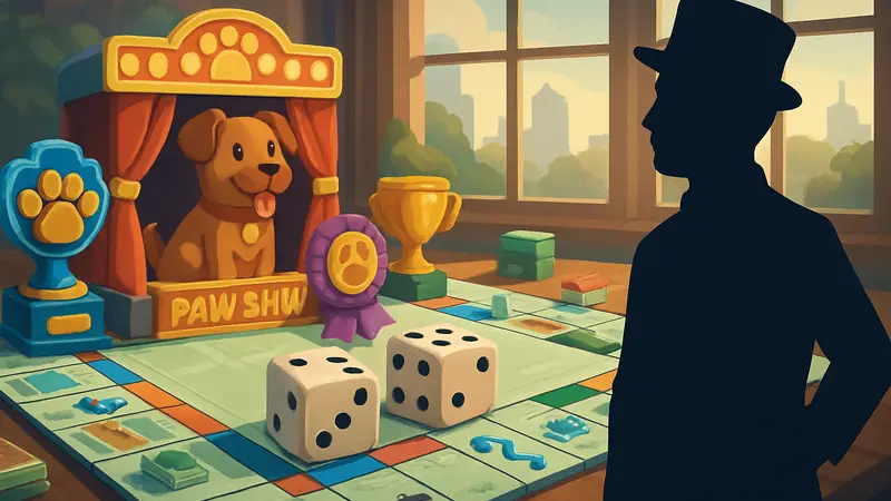 Игровое поле Monopoly GO с элементами события «Шоу лап», кубики и награды.