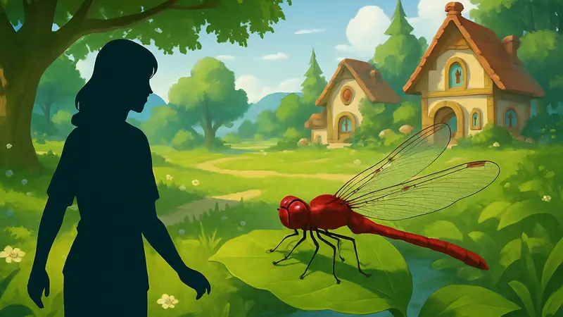 Большая красная стрекоза (Large Red Damselfly) сидит на листе в игре Heartopia.