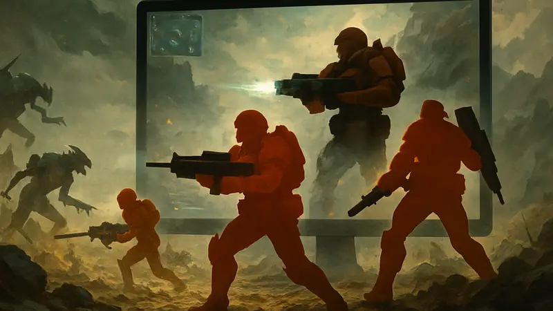 Изображение бойцов Helldivers 2 в действии на фоне ПК-интерфейса игры.