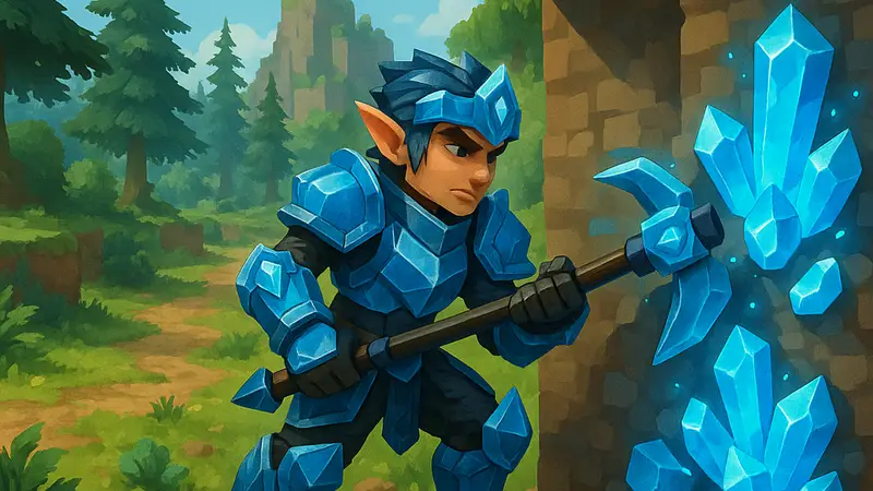 Игровая локация в Hytale с адамантит овой рудой или персонажем, использующим адамантитовое снаряжение