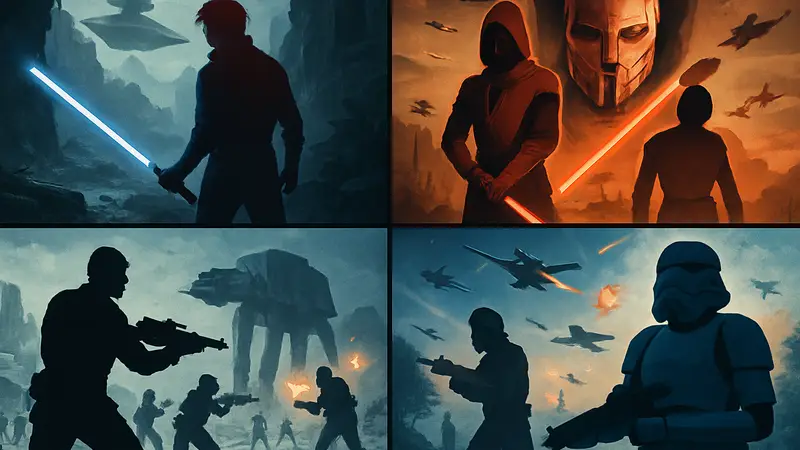 Коллаж из изображений разных игр по Star Wars, таких как Jedi: Fallen Order, KOTOR, Battlefront