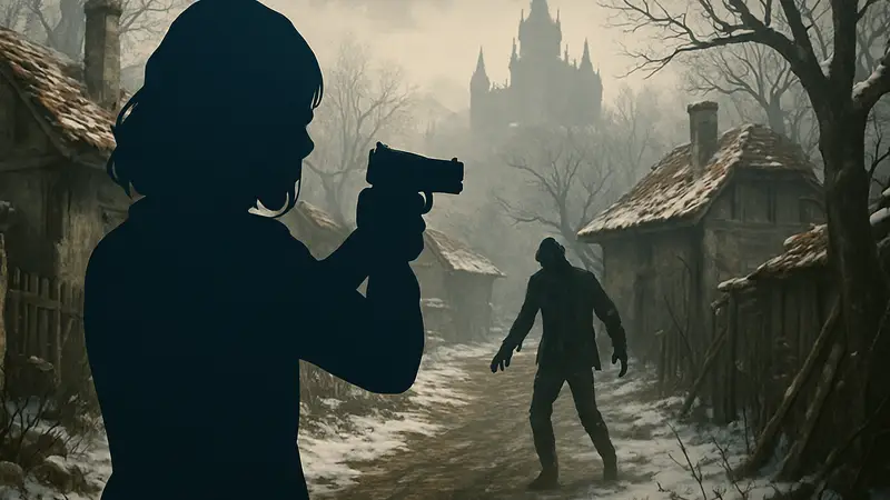 Грейс из Resident Evil Village целится из пистолета, на заднем плане зомби в деревне.
