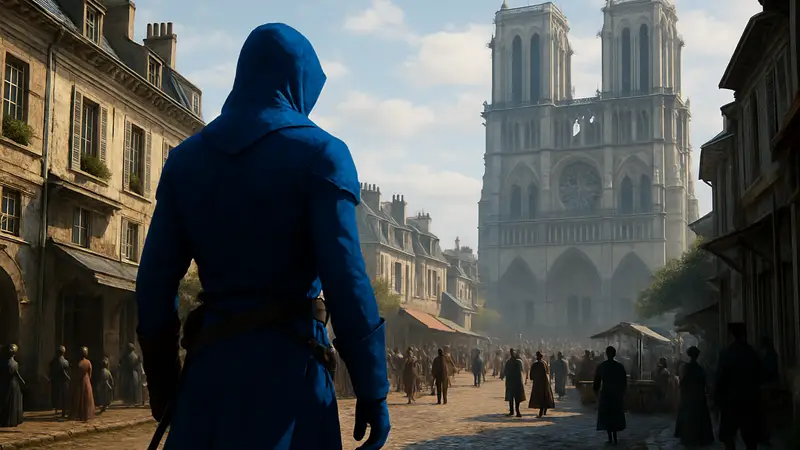 Скриншот из Assassin's Creed Unity с персонажем, на фоне Парижских улиц, подчёркивающий улучшенную графику на PS5.