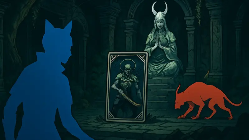 Изображение карточного рогалика Tsukuyomi: The Divine Hunter, на котором видны элементы дизайна SMT/Persona.