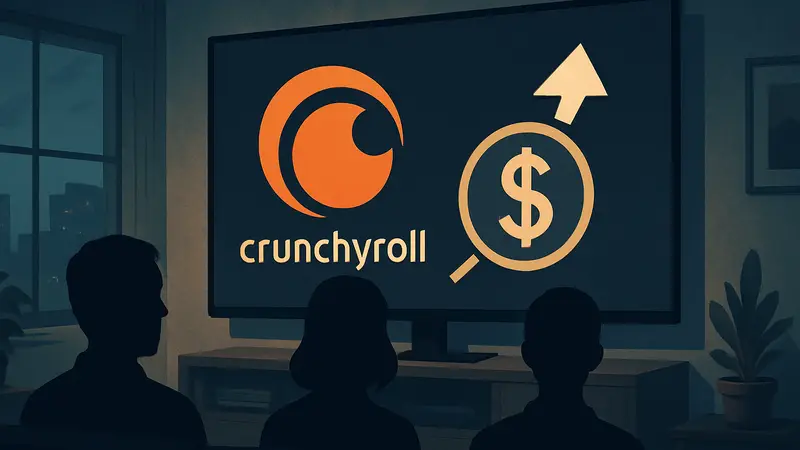 Логотип Crunchyroll на экране с символом валюты и стрелкой вверх, указывающей на рост цен.
