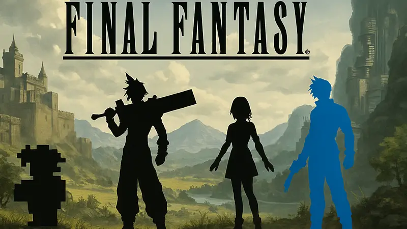 Логотип Final Fantasy на фоне персонажей из разных частей серии, демонстрирующих эволю цию графики