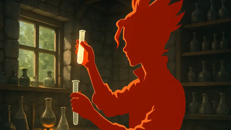 Сенку Ишигами, главный герой аниме Dr. Stone, проводит научный эксперимент с пробирками