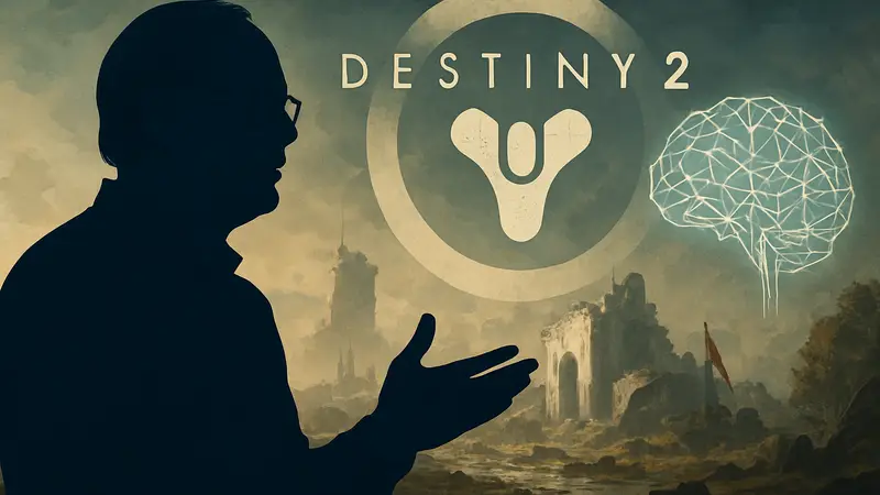 Глава Epic Games Тим Суини на фоне логотипа Destiny 2 обсуждает искусственный интеллект в играх.