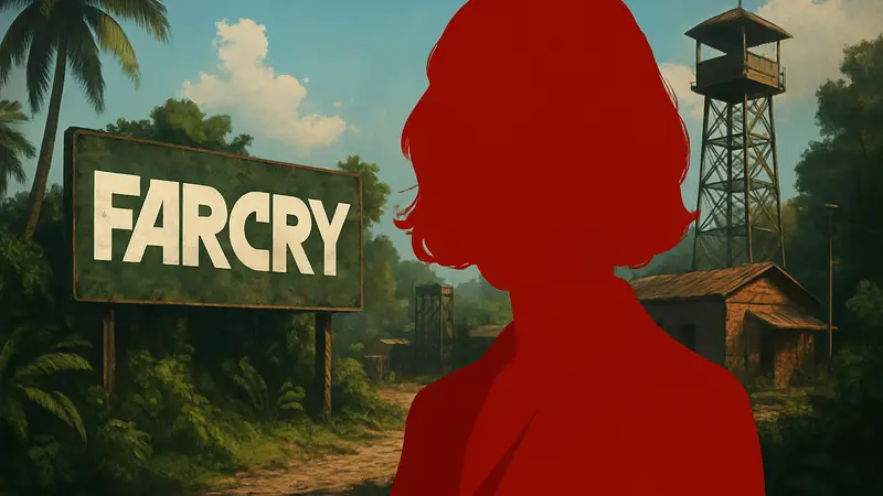 Лиззи Каплан в сериале Far Cry, портрет актрисы на фоне логотипа игры или сериала