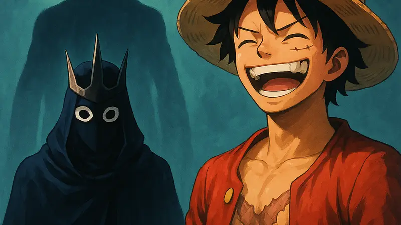 Персонажи One Piece: Иму и Джой Бой, с изображением нового таинственного героя на заднем плане.