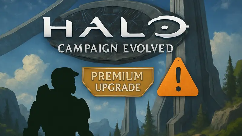 Логотип Halo: Campaign Evolved с надписью 'Premium Upgrade' и значком ошибки, символизирующим проблемы.