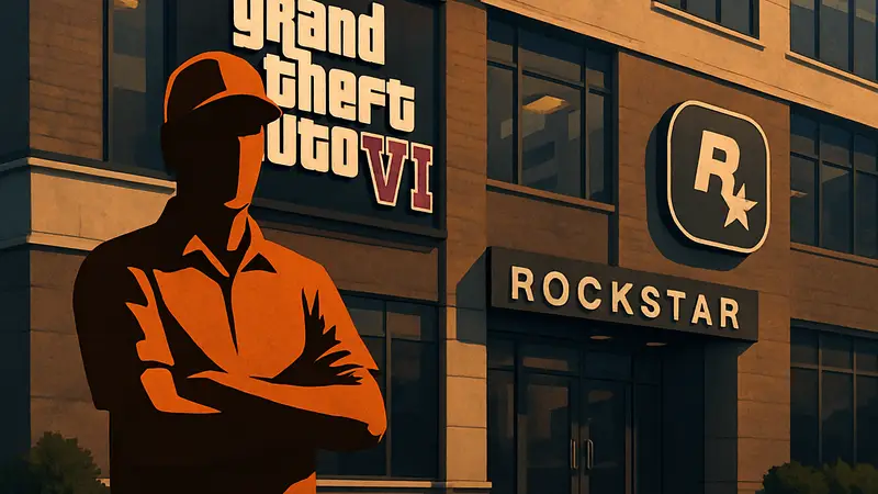 Работник студии Rockstar Games перед офисом на фоне логотипа GTA 6 и профсоюза IWGB.