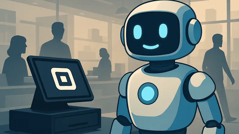 Изображение робота или ИИ-интерфейса, символизирующего Managerbot от Block, на фоне платформы Square.