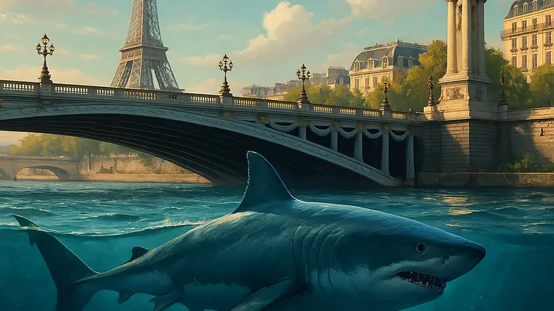 Постер фильма Under Paris от Netflix с изображением акулы, плавающей в реке Сене в Париже.