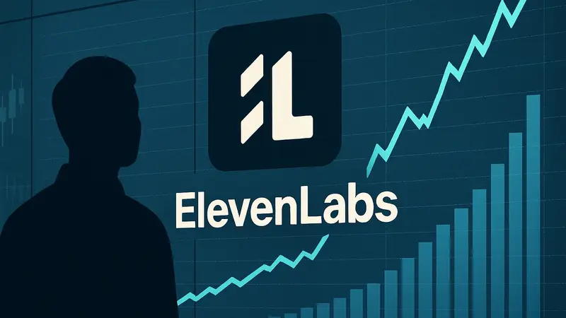 Логотип ElevenLabs на фоне финансовых графиков, отражающих рост оценки