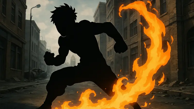 Главный герой аниме «Пламенная бригада пожарных» Синра Кусакабэ в боевой стойке с пламенем