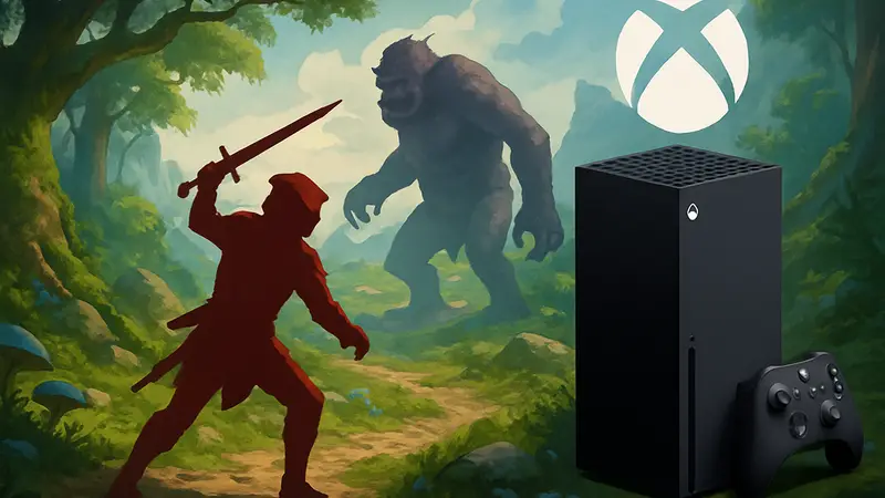 Новый Fable: герой сражается в магическом мире, рядом логотип Xbox Series X25 и игровой контроллер.