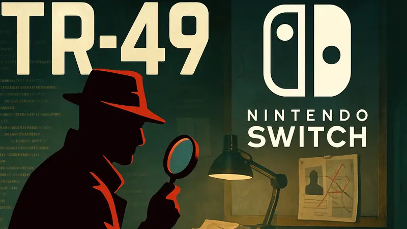 Обложка игры TR-49 с элементами кода и дедукции на фоне логотипа Nintendo Switch.
