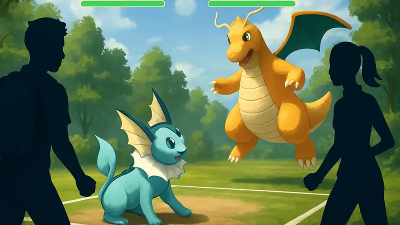 Скриншот из Pokemon GO, демонстрирующий PvP-битву между двумя покемонами.