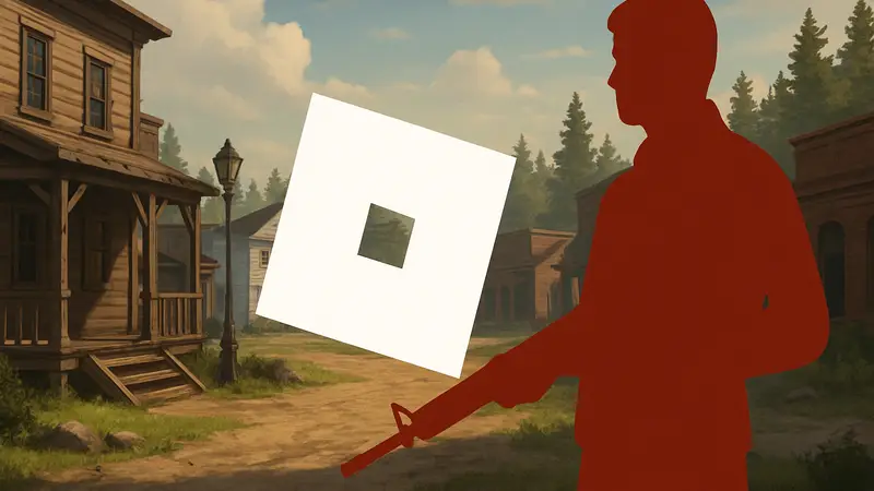 Логотип Roblox на фоне скриншота игры, созданной массовым стрелком