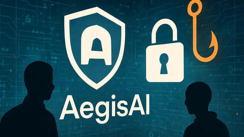Логотип AegisAI с элементами кибербезопасности и защиты от ИИ-фишинга на фоне сетевых данных.