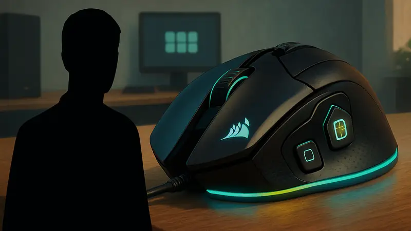 Игровая мышь Corsair Nightsword с подсветкой и кнопкой Stream Deck на рабочей поверхности.