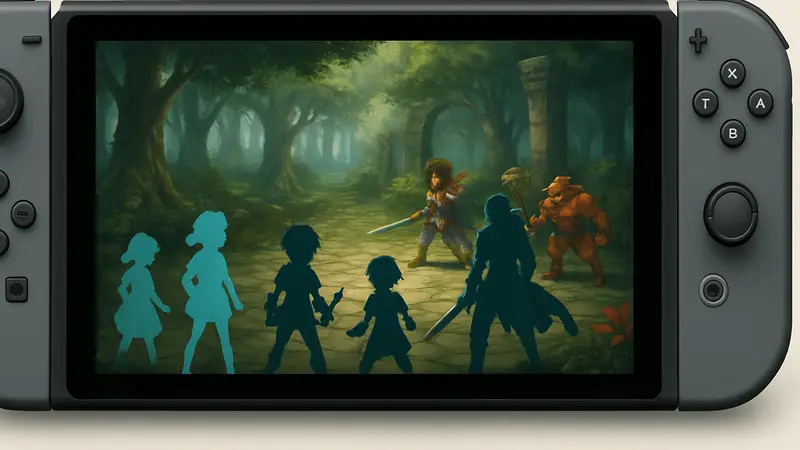 Кадр из геймплея Another Eden Begins, демонстрирующий пошаговые бои и персонажей на Nintendo Switch.