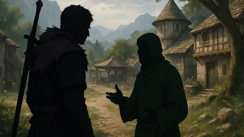 Игрок в Crimson Desert разговаривает с NPC в деревне Порорин.