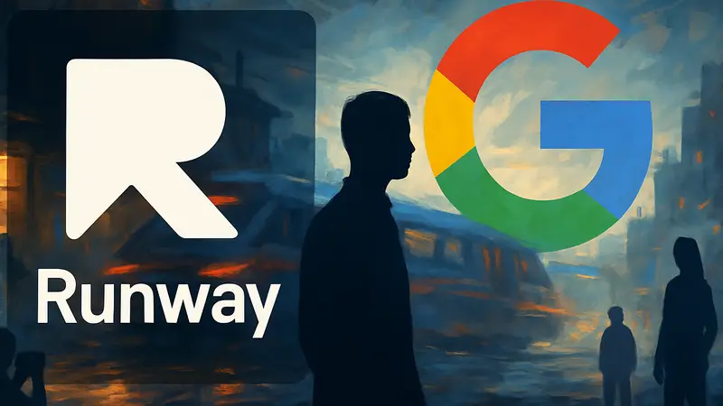 Логотип стартапа Runway на фоне стилизованного ИИ-видео, конкурирующего с Google