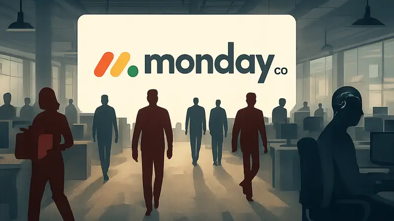 Логотип Monday.com на фоне сокращения штата и приоритета в развитии искусственного интеллекта.