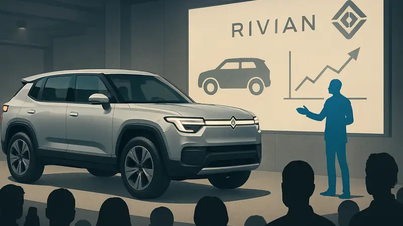 Электромобиль Rivian R2 на презентации, иллюстрация стратегии Rivian на рынке электромобилей