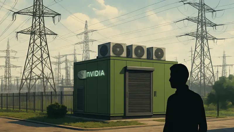 Миниатюрный центр обработки данных Nvidia рядом с электроподстанцией, символизирующий энергоэффективное решение для ИИ