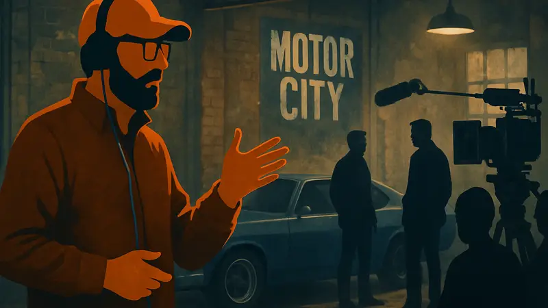 Режиссёр Потси Пончироли обсуждает фильм «Motor City» на съёмочной площадке.