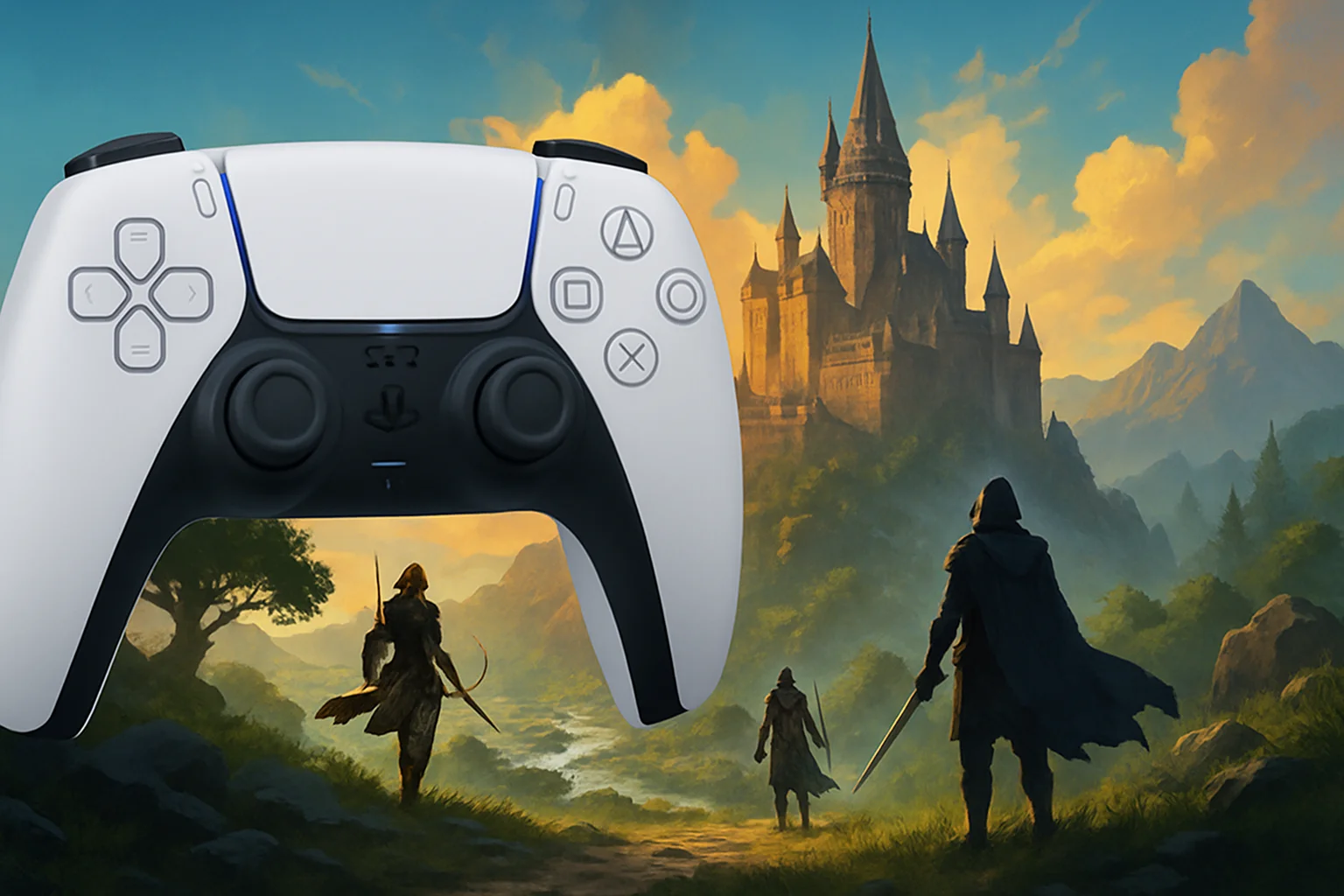 Контроллер PlayStation DualSense и изображение фэнтезийной RPG, символизирующие бесплатную игру.