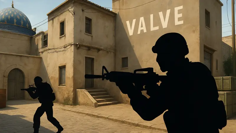 Игровой скриншот классической Counter-Strike: Global Offensive, логотип Valve в фоне