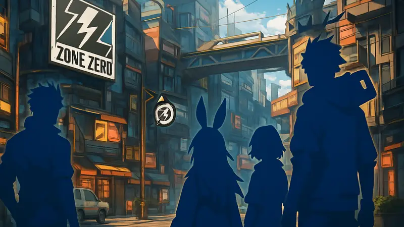 Скриншот из игры Zenless Zone Zero, персонажи и городская футуристическая среда.