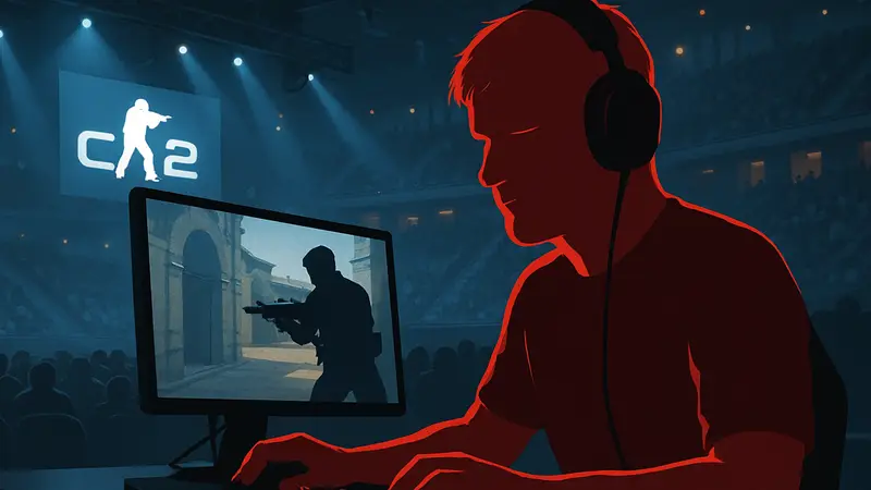 Киберспортсмен s1mple выступает на турнире по CS2, сосредоточенно смотря на экран.