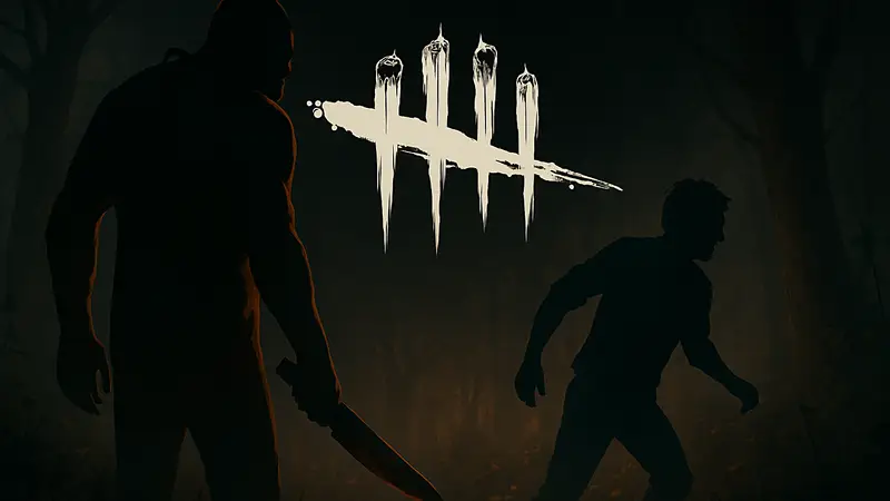 Логотип Dead by Daylight на чёрном фоне с изображениями убийцы и выжившего