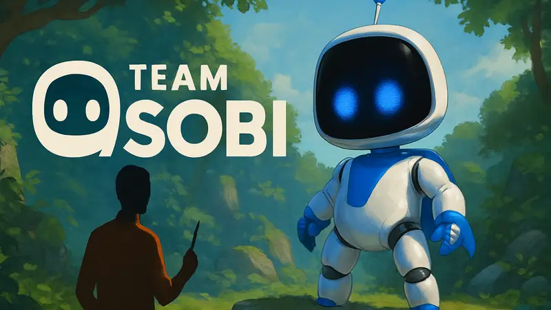 Логотип студии Team Asobi на фоне персонажа Astro Bot, символизирующий новую игру