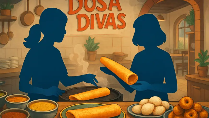 Обложка или скриншот инди-игры Dosa Divas с изображением персонажей и еды в мультипликационном стиле.