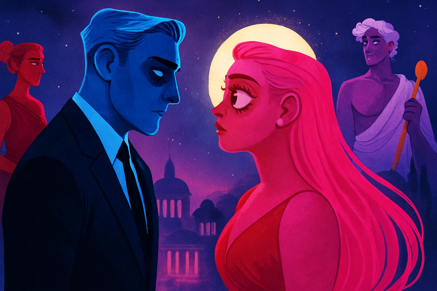 Арт из веб-комикса Lore Olympus, представляющий персонажей и эстетику будущего анимационного сериала.
